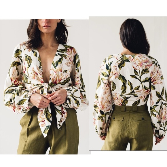 MARA HOFFMAN Gianna Tie Front Cropped Long Sleeve Floral Print Blouse Top Medium - Picture 5 of 8